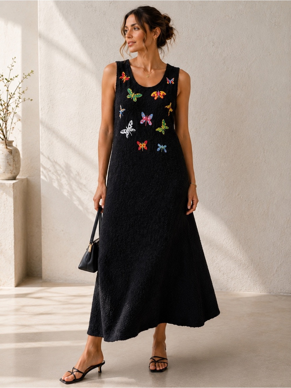 Vintage Neiman Marcus Butterfly Embroidered Boucle Black Midi Dress L